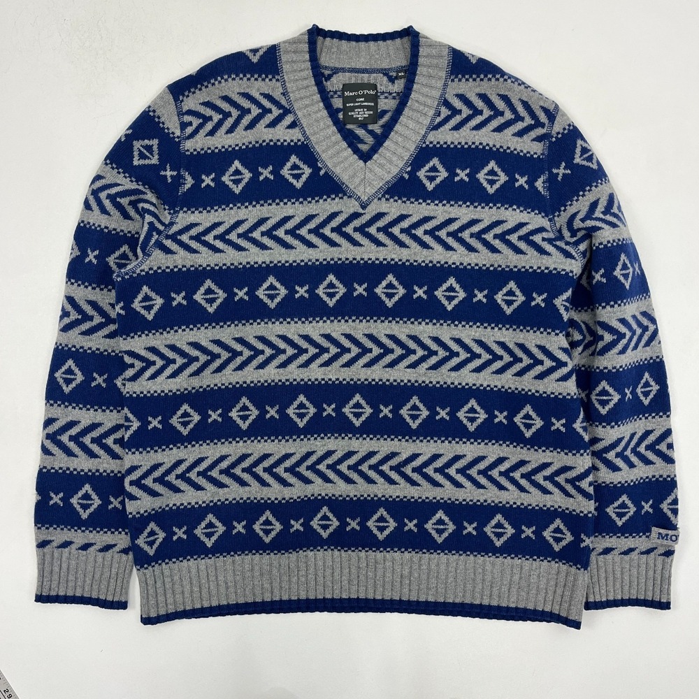 Marc O Polo Nordic Sweater V-Neck Blue Gray Lambswool Preppy Classic Mens XL